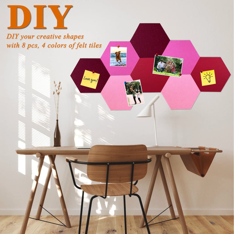 HULAVO 8 قطع من بلاط الفلين السداسي، ذاتية اللصق DIY لوحة الإعلانات لوحة دبوس للمكتب والمدرسة وملصقات الحائط ديكور المنزل والمذكرات وعرض الصور (أحمر متدرج) - Image 3